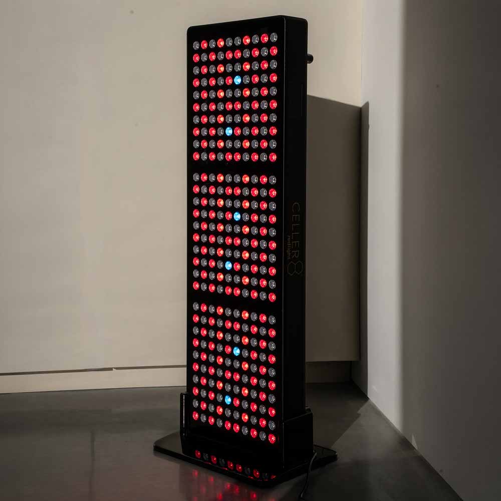 CELLER8 half body red light panel in corner of room